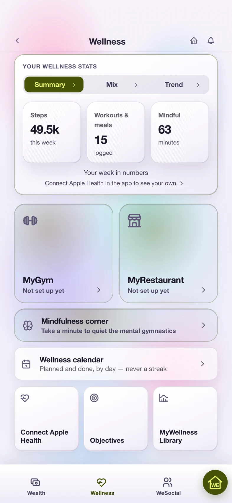 Wellness home: your week in numbers, MyGym, MyRestaurant, Mind